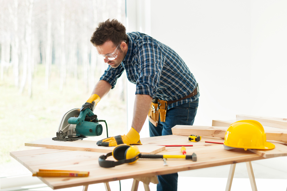 Homme utilisant une scie circulaire